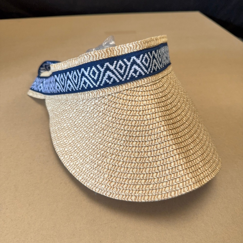 Sea & Grass Straw Sun Visor Womens Adjustable Wide Brim Tan Navy Beach Hat